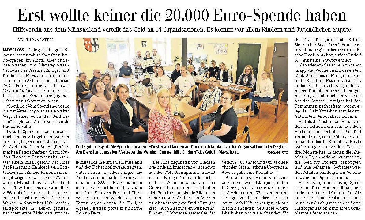 Enniger HILFT Kindern - 20.000 Euro Spende für Flutoper im Ahrtal - Bericht Bonner Generalanzeiger.
