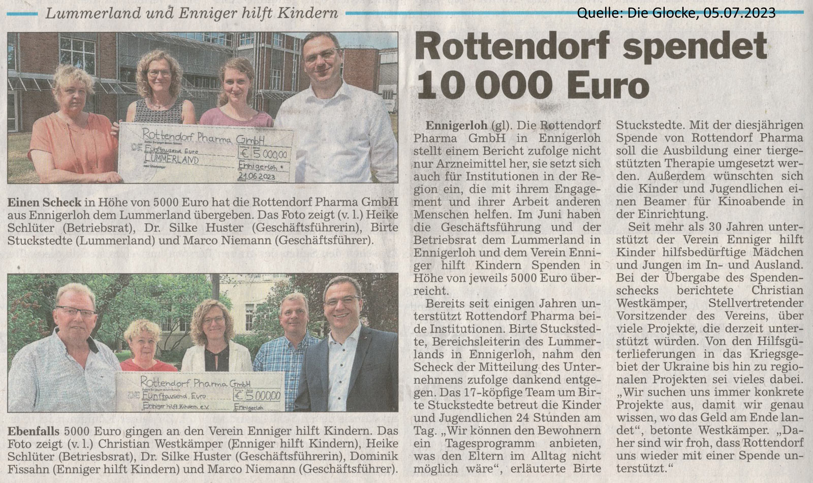 Enniger HILFT Kindern - 5.000 Euro Spende Rottendorf.